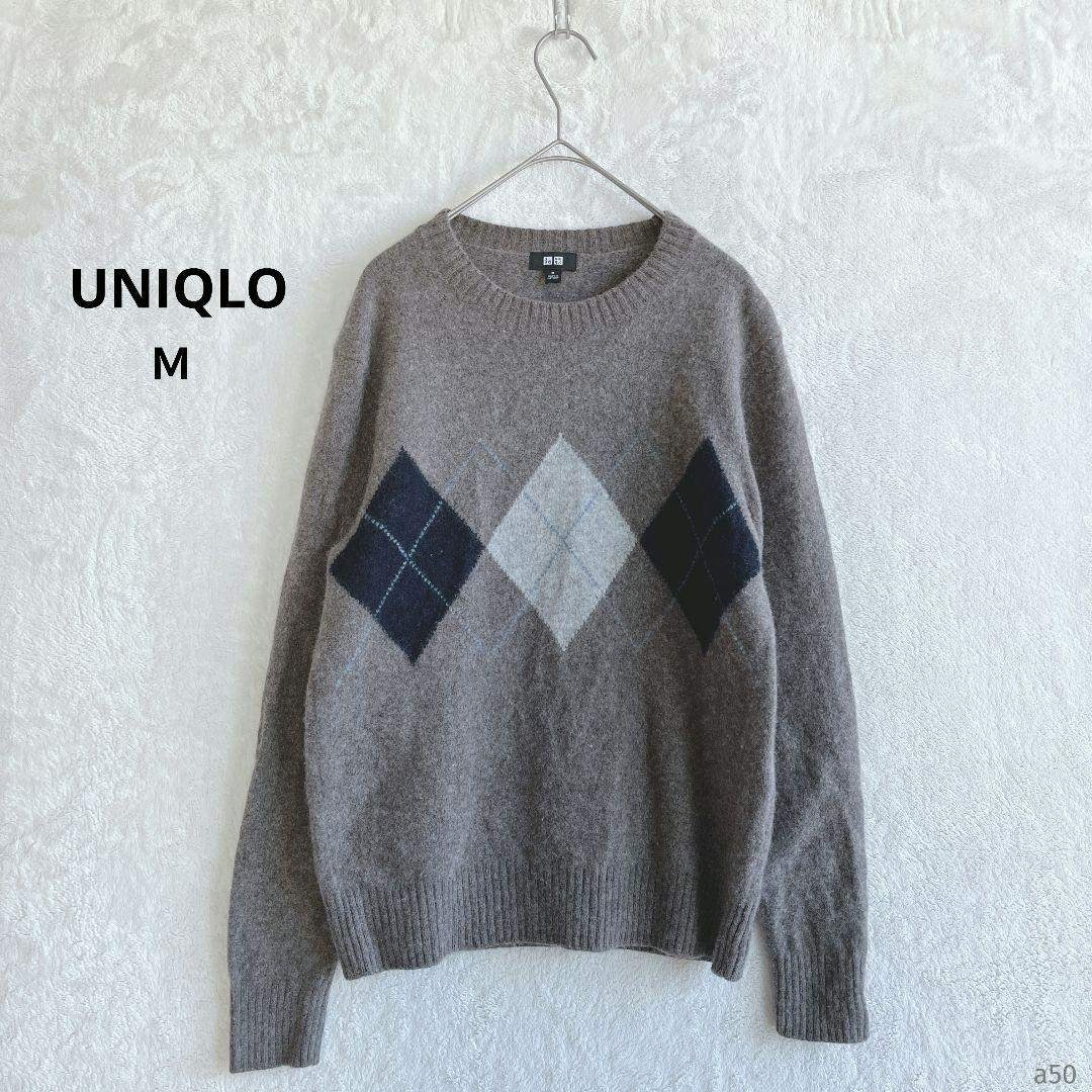 UNIQLO(ユニクロ)のユニクロ プレミアムラムクルーネックセーター【M】アーガイル柄 ウール100% レディースのトップス(ニット/セーター)の商品写真