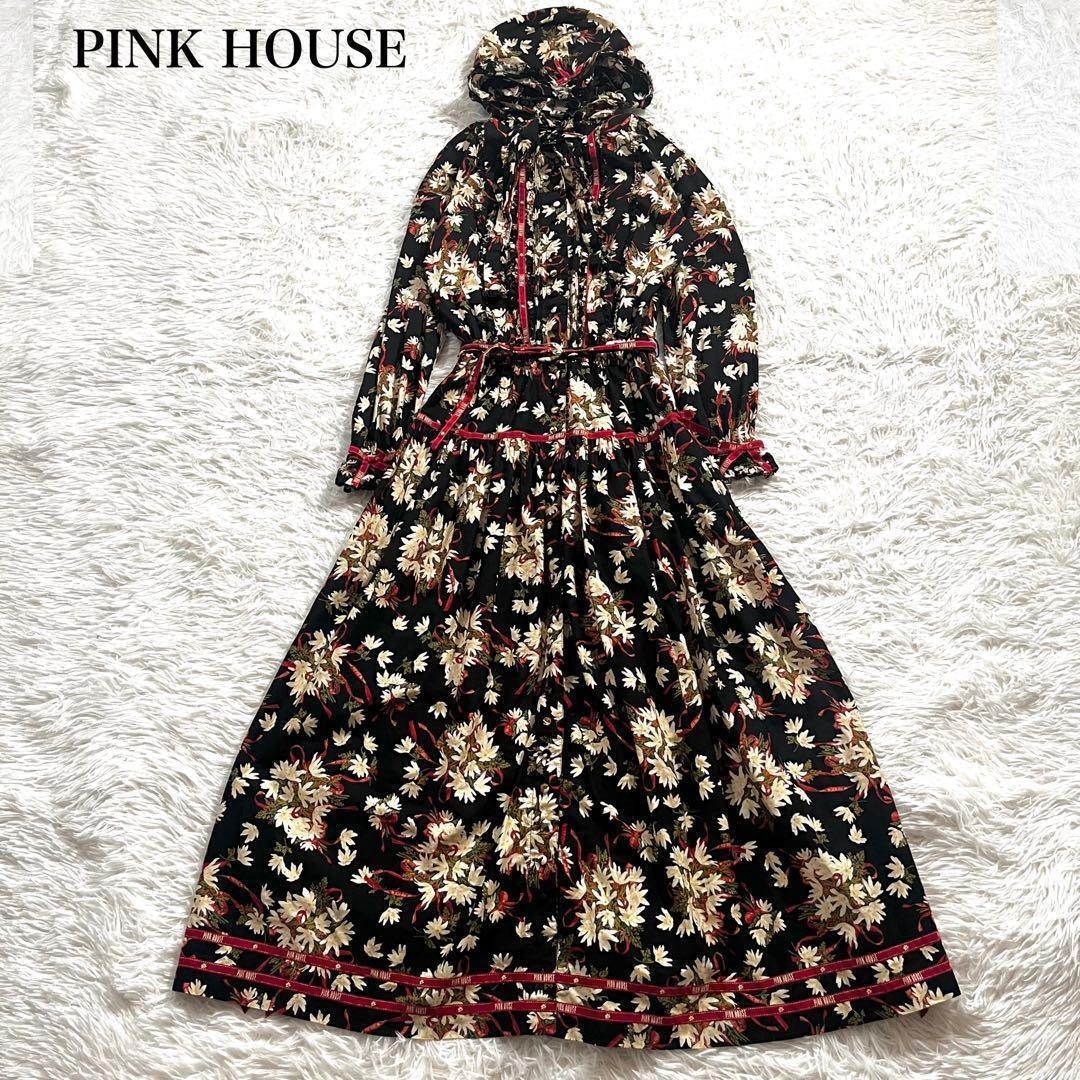 PINK HOUSE(ピンクハウス)の美品✨ピンクハウス ブーケ プリント ロゴ リボン ワンピース フード フリル レディースのワンピース(その他)の商品写真