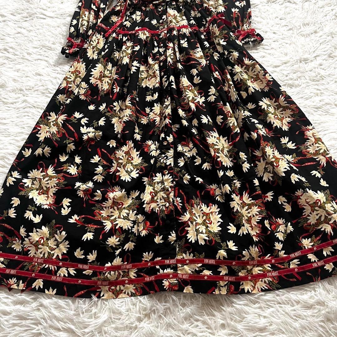 PINK HOUSE(ピンクハウス)の美品✨ピンクハウス ブーケ プリント ロゴ リボン ワンピース フード フリル レディースのワンピース(その他)の商品写真