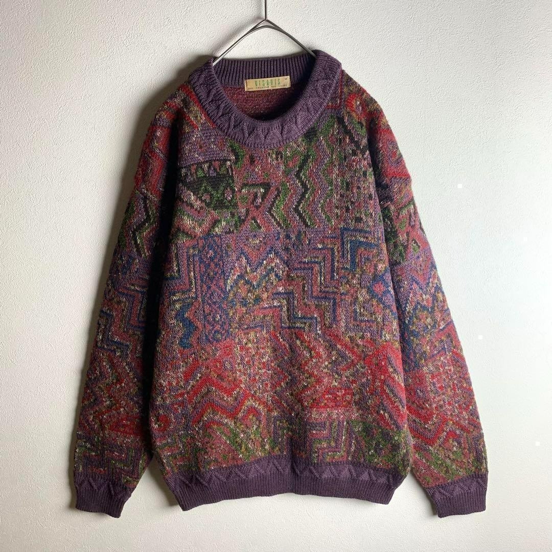 ニット　クレイジー柄　くすみカラー　リブデザイン　ヴィンテージ感　ゆるだぼ メンズのトップス(ニット/セーター)の商品写真