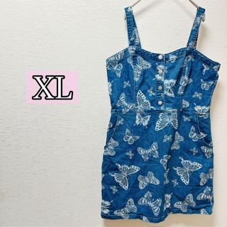 デニム 蝶 プリント ジャンパースカートXL オールシーズン 春夏秋冬