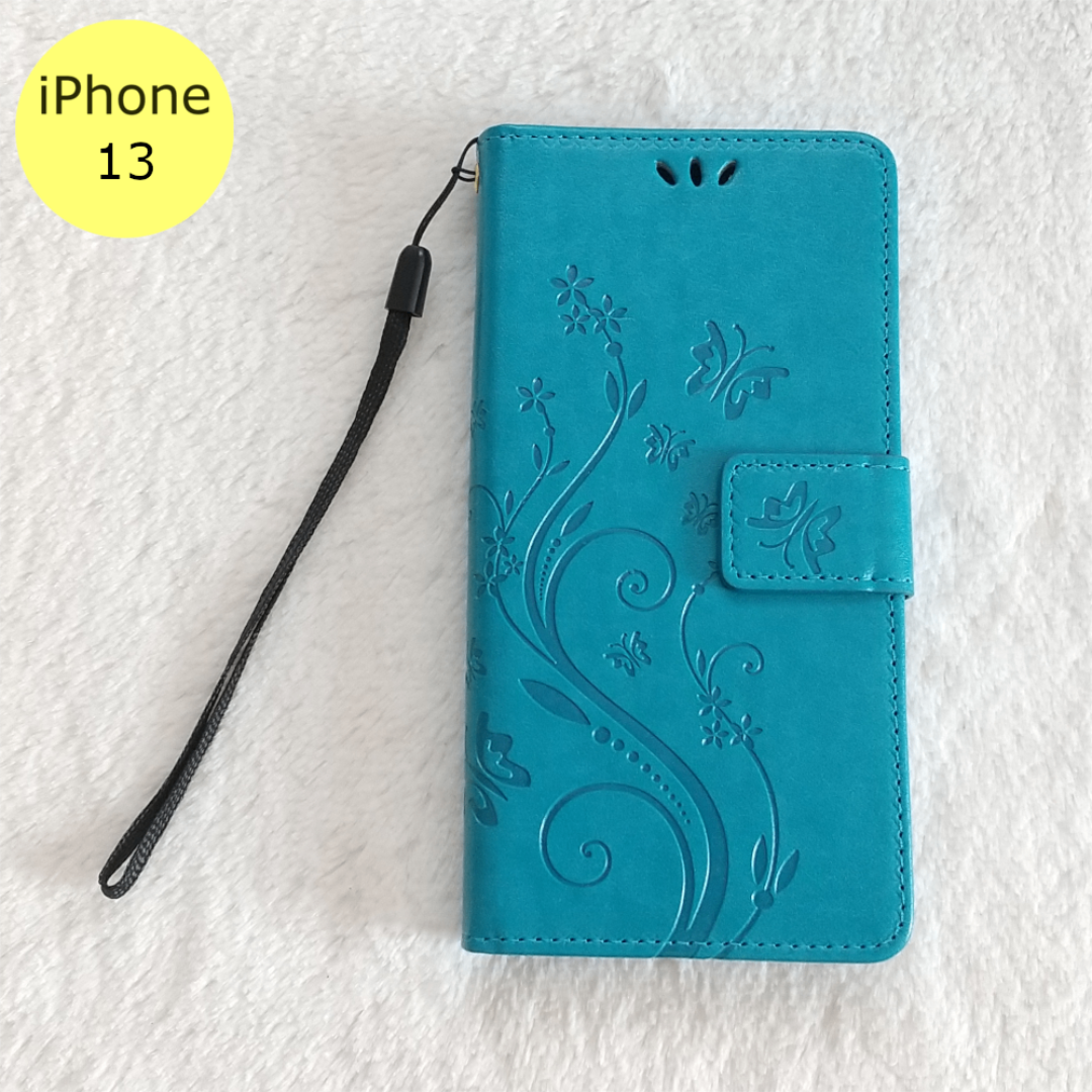 かわいい 蝶 手帳型 iPhone13 iPhoneケース 水色 スマホ/家電/カメラのスマホアクセサリー(iPhoneケース)の商品写真