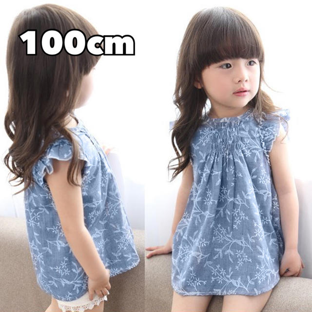 新品 海外輸入 花柄フリルワンピース ブルー 100cm キッズ/ベビー/マタニティのキッズ服女の子用(90cm~)(ワンピース)の商品写真