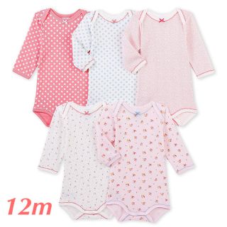 プチバトー(PETIT BATEAU)の新品 プチバトー♡ドット＆フラワープリント長袖ボディ５枚組 12m(肌着/下着)