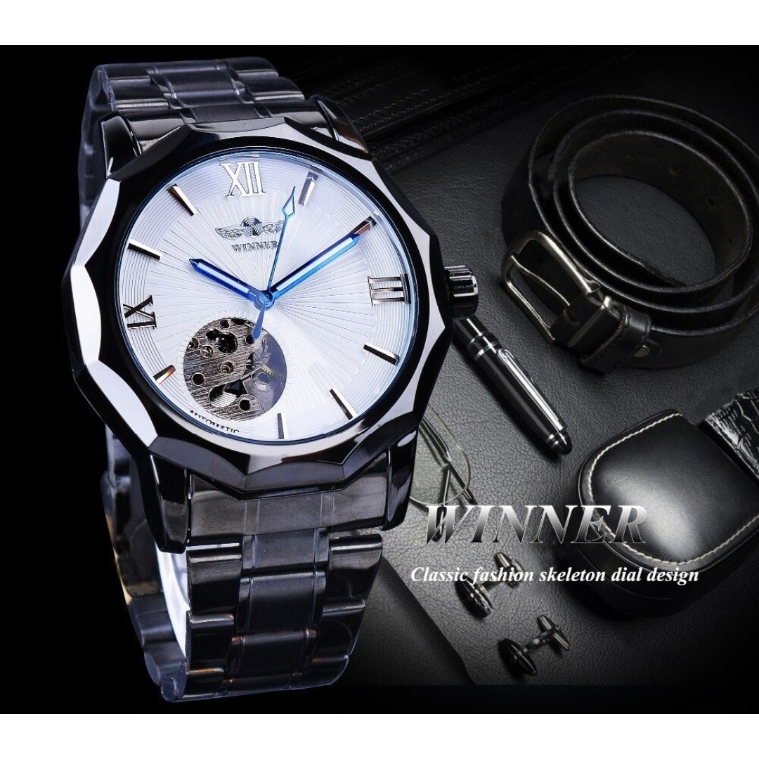 WINNER社 メンズ腕時計 自動巻きブラックxホワイト ステンレススケルトンB メンズの時計(腕時計(アナログ))の商品写真