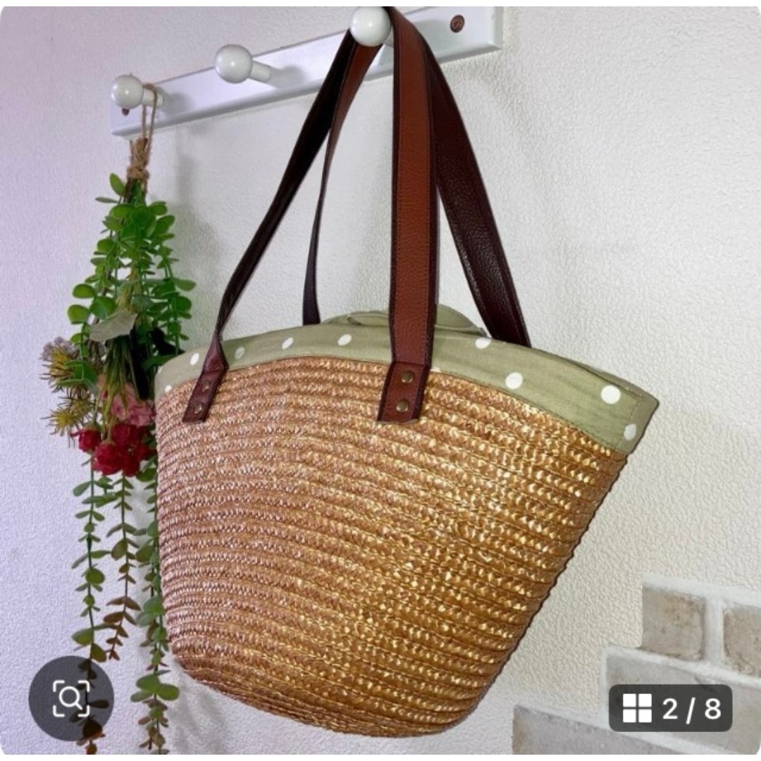 在庫一掃セール！新作！籐かごバッグ☆トートバッグ☆マルシェバッグ☆水玉 ハンドメイドのファッション小物(バッグ)の商品写真