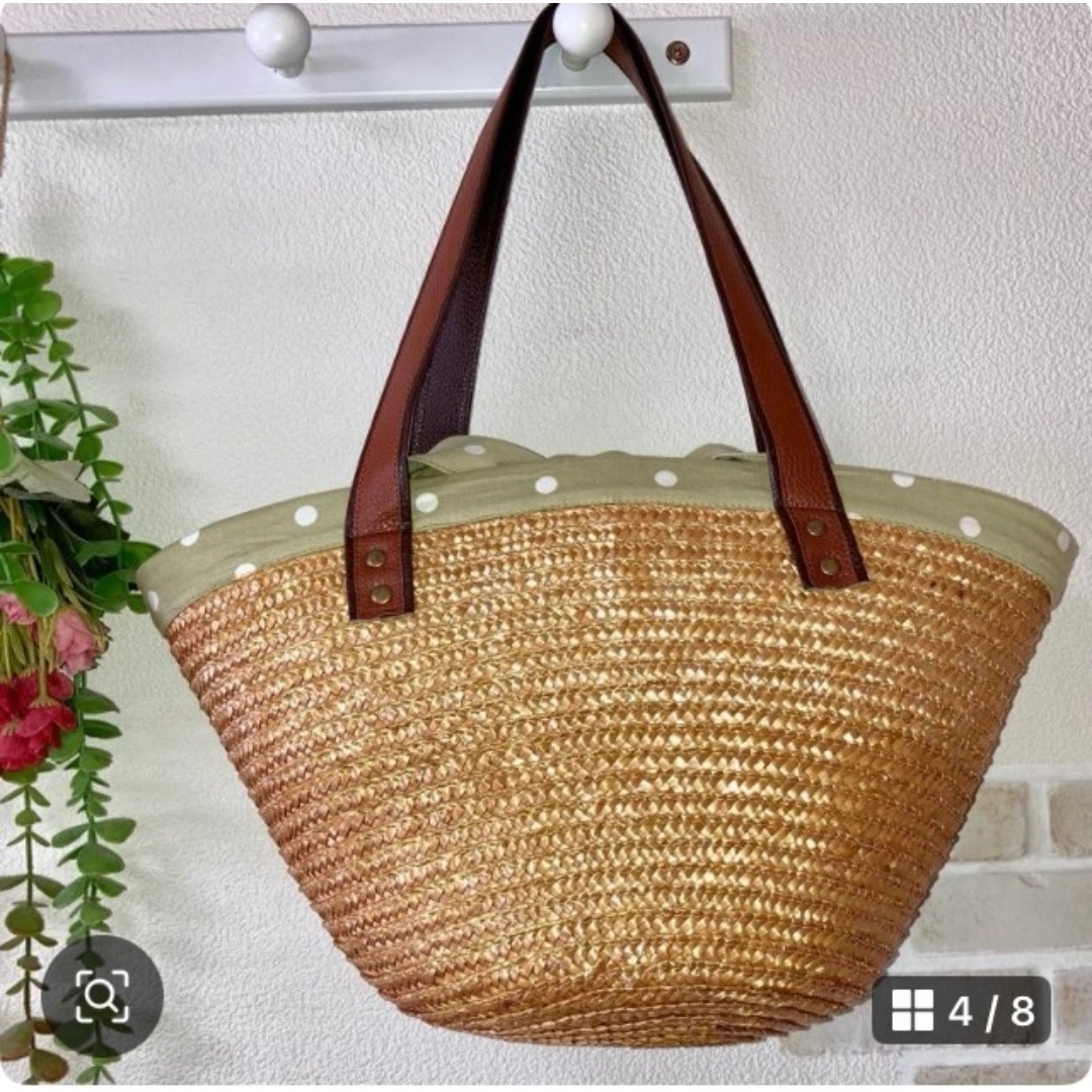 在庫一掃セール！新作！籐かごバッグ☆トートバッグ☆マルシェバッグ☆水玉 ハンドメイドのファッション小物(バッグ)の商品写真
