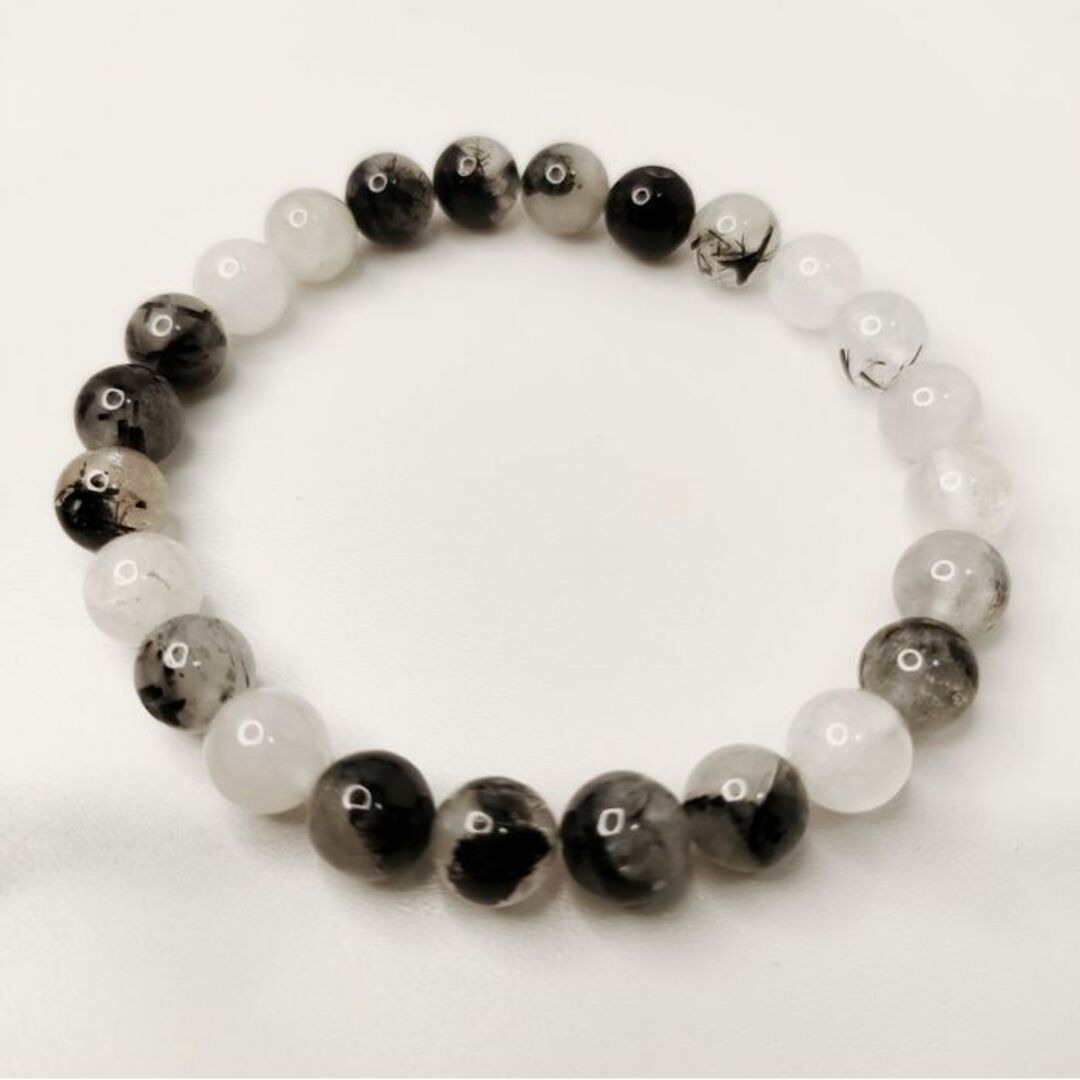 天然石ブレスレット 黒針水晶 ルチルクォーツ8㎜ パワーストーン金運仕事運89 ハンドメイドのアクセサリー(ブレスレット/バングル)の商品写真