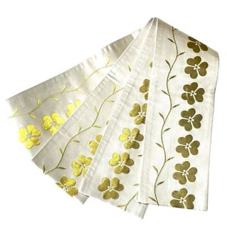 半幅帯 華柄 金糸 花草模様 白 金 正絹 厚め 踊り NO-1362
