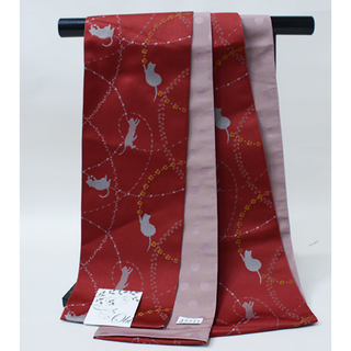 半幅帯 浴衣帯 細帯 日本製 袷 えんじ色×あずき色 猫柄 リバーシブル(浴衣帯)