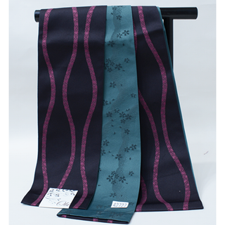 半幅帯 浴衣帯 細帯 日本製 袷 黒色×緑青色 リバーシブル NO42727(浴衣帯)