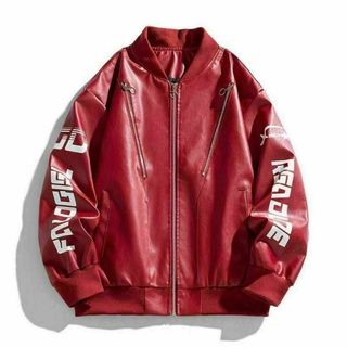 L スタジャン メンズ PUレザー ジャケット 革 ブルゾン 大きいサイズ 赤(その他)