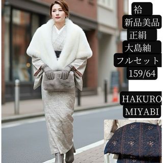 未使用近い　美品　袷　正絹　多分韓国大島紬　白紬　小紋　フルセット　(着物)