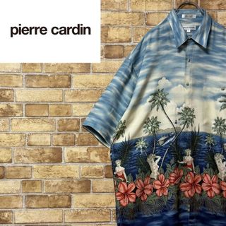 ピエールカルダン　半袖シャツ　アロハシャツ　総柄　ブルー系　ビッグシルエット　L