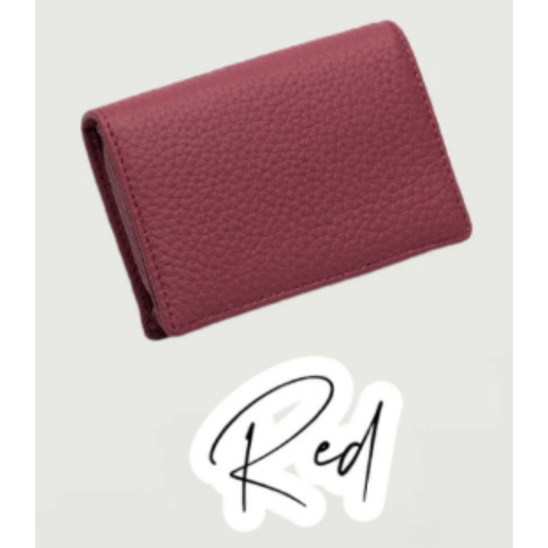 レッド牛革 ビジネス カジュアル スリム シンプル 二つ折り名刺ケース カード レディースのファッション小物(パスケース/IDカードホルダー)の商品写真