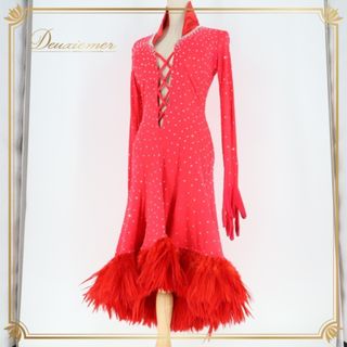 社交ダンス 衣装 ラテン ドレス ワンピース ラテンドレス ヤナギダ YANAGIDA ファー 羽 鮮やか 手袋 アームカバー 蛍光 かっこいい レッド系 ピンク系 デザイン おしゃれ パフォーマンス用 ダンスパーティー レディース ステージ衣装 美しい 目を引く 豪華な
