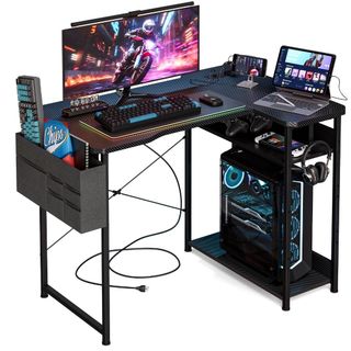 ゲーミングデスク L字 左右入替OK 収納バッグ付き コンセント付き カーボン調