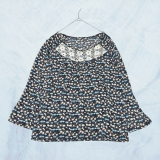 エムリンク 長袖ブラウス カットソー ドット柄 胸元ギャザーレース E5095