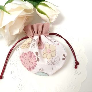 《ミニサイズ》大きな花の丸くて小さな巾着ポーチ・ピンク　＃n1445