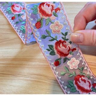 刺繍バラ×シアーレース リボン(50cm)|レトロカラーシアーブルー