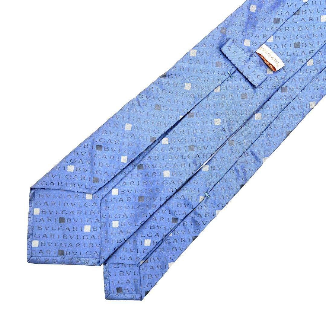 極美品】BVLGARI ブルガリ ロゴ総柄 ネクタイ シルク100% ブルー