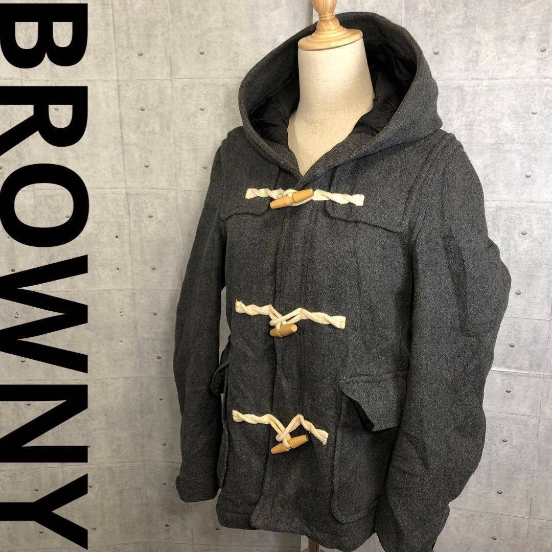 BROWNY(ブラウニー)の1311 BROWNY ブラウニー　ダークグレー フード付きダッフルコートS レディースのジャケット/アウター(ダッフルコート)の商品写真