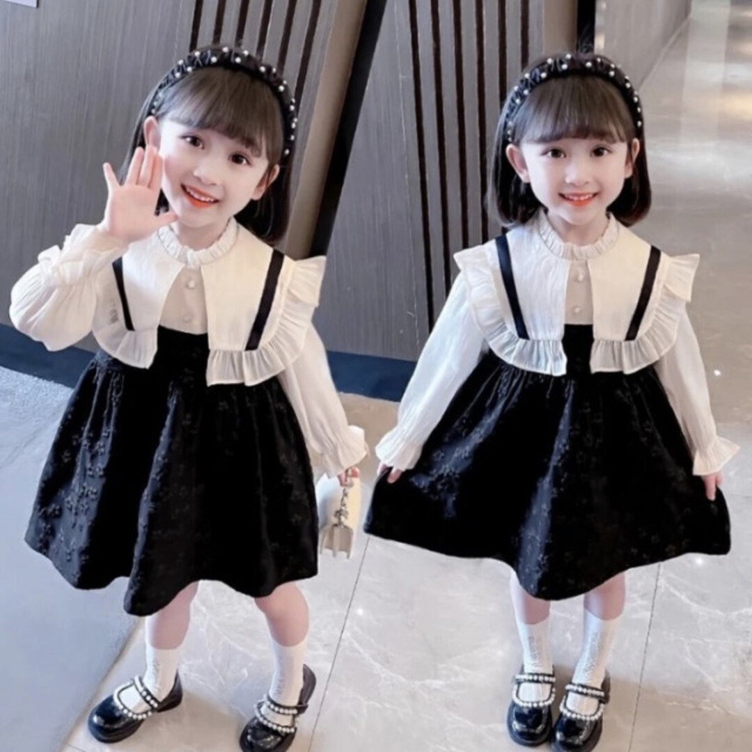  子ども 110 ビッグカラー 花柄ワンピース 新品 スーツ フラワー 白 黒 キッズ/ベビー/マタニティのキッズ服女の子用(90cm~)(ドレス/フォーマル)の商品写真