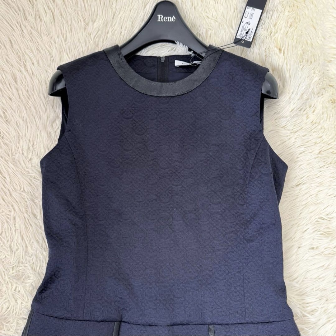 FOXEY NEW YORK(フォクシーニューヨーク)のタグ付✨未使用品 フォクシー レザー切替 ジャガードワンピース 38 ネイビー レディースのワンピース(ひざ丈ワンピース)の商品写真