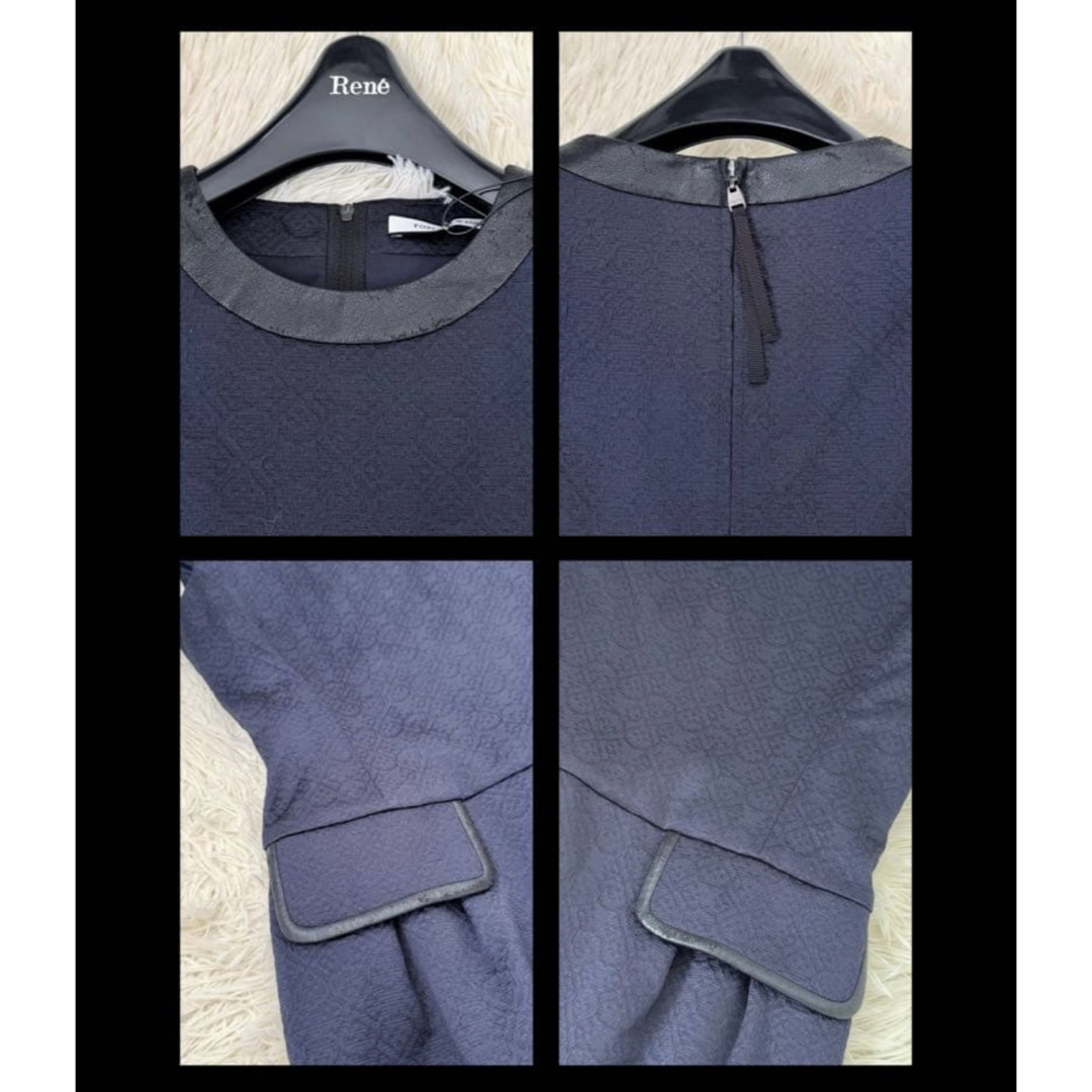 FOXEY NEW YORK(フォクシーニューヨーク)のタグ付✨未使用品 フォクシー レザー切替 ジャガードワンピース 38 ネイビー レディースのワンピース(ひざ丈ワンピース)の商品写真