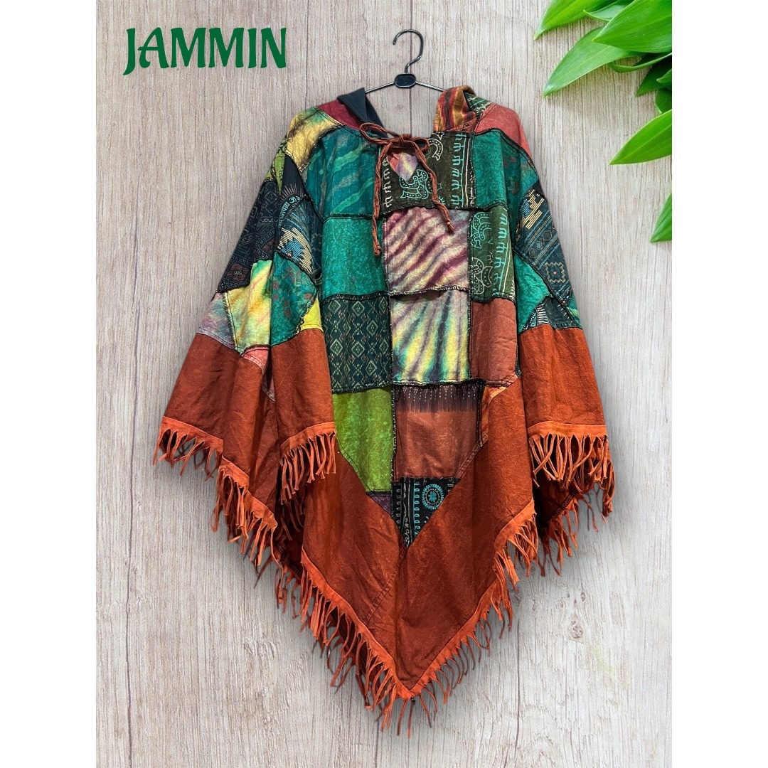 パッチワークフリンジポンチョ　ヒッピー　アジアン　エスニック　ポンチョ レディースのジャケット/アウター(ポンチョ)の商品写真