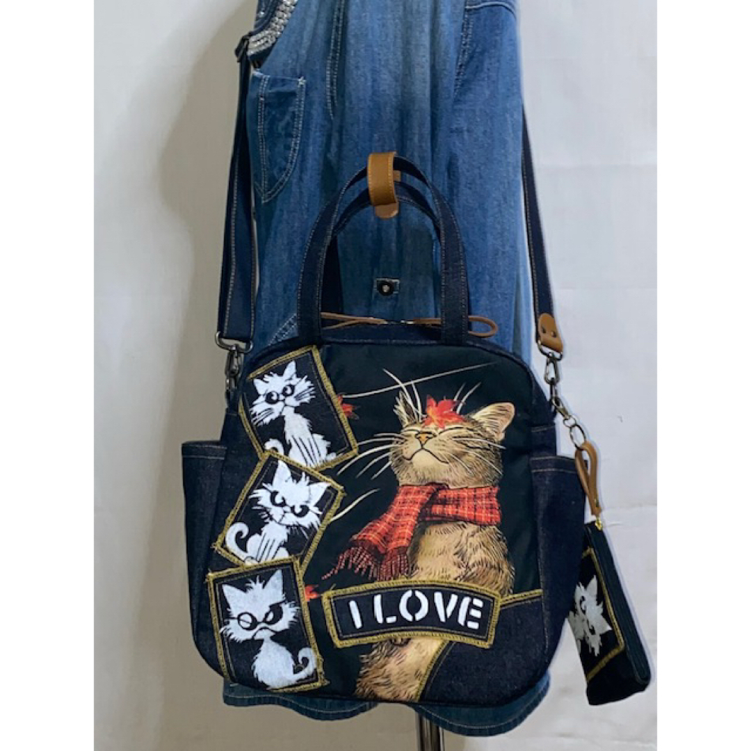 ☆岡山デニム☆ステンシル☆トラネコ☆☆4wayボストンバッグ ハンドメイドのファッション小物(バッグ)の商品写真