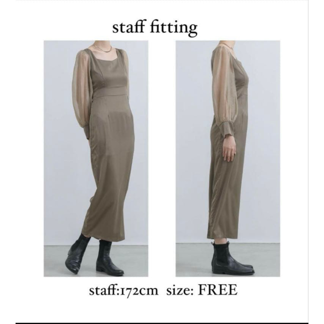 【新品未使用】Neuna 袖シアー ロングワンピースドレス カーキ　F レディースのワンピース(ロングワンピース/マキシワンピース)の商品写真