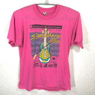 状態良 80s USA製 ビンテージTシャツ M  ピンク バイオリン ギター(Tシャツ/カットソー(半袖/袖なし))