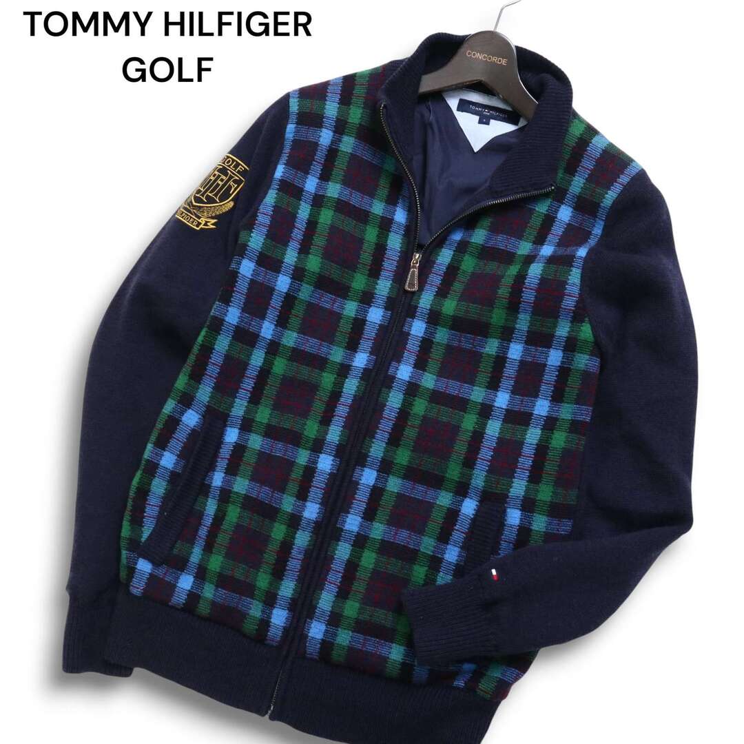 TOMMY HILFIGER GOLF トミーヒルフィガー ゴルフ 秋冬 ウール100％★ チェック ニット ブルゾン ジャケット Sz.S メンズ 紺 スポーツ/アウトドアのゴルフ(ウエア)の商品写真