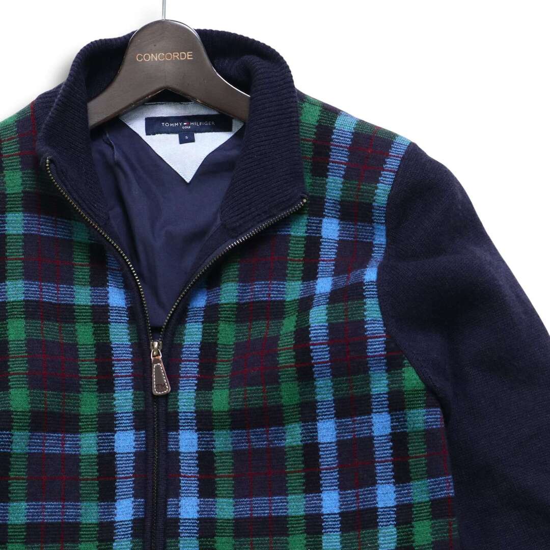 TOMMY HILFIGER GOLF トミーヒルフィガー ゴルフ 秋冬 ウール100％★ チェック ニット ブルゾン ジャケット Sz.S メンズ 紺 スポーツ/アウトドアのゴルフ(ウエア)の商品写真