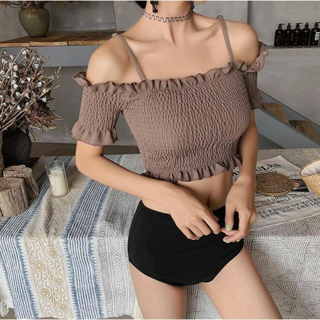 【送料無料】ビキニ オフショルダー 水着 ブラジリアン フリル　黒　XL レディースの水着/浴衣(水着)の商品写真