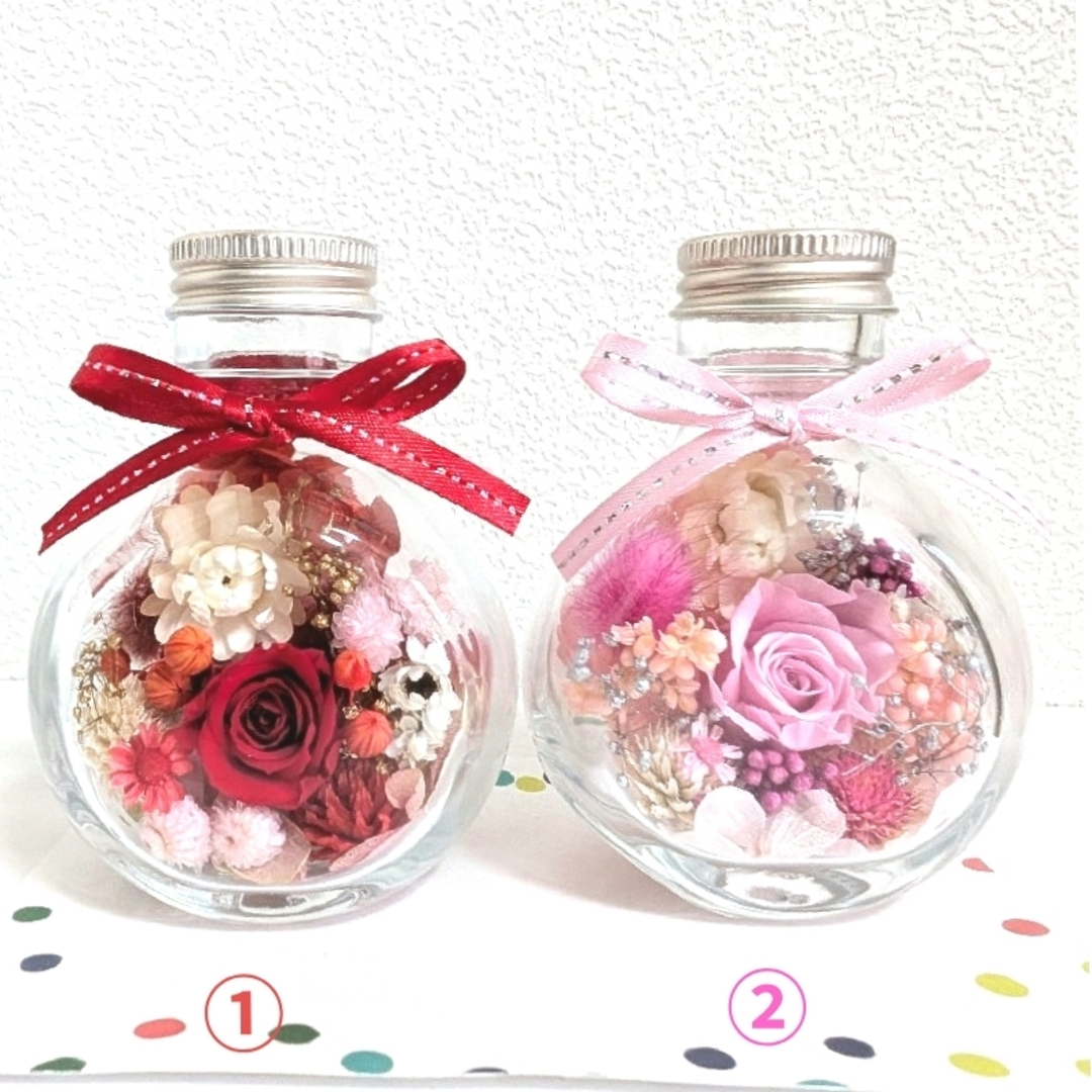 ハーバリウム 100ml ネコ瓶 ✾コロンと可愛いバラボトル✾ ①レッド ハンドメイドのフラワー/ガーデン(プリザーブドフラワー)の商品写真