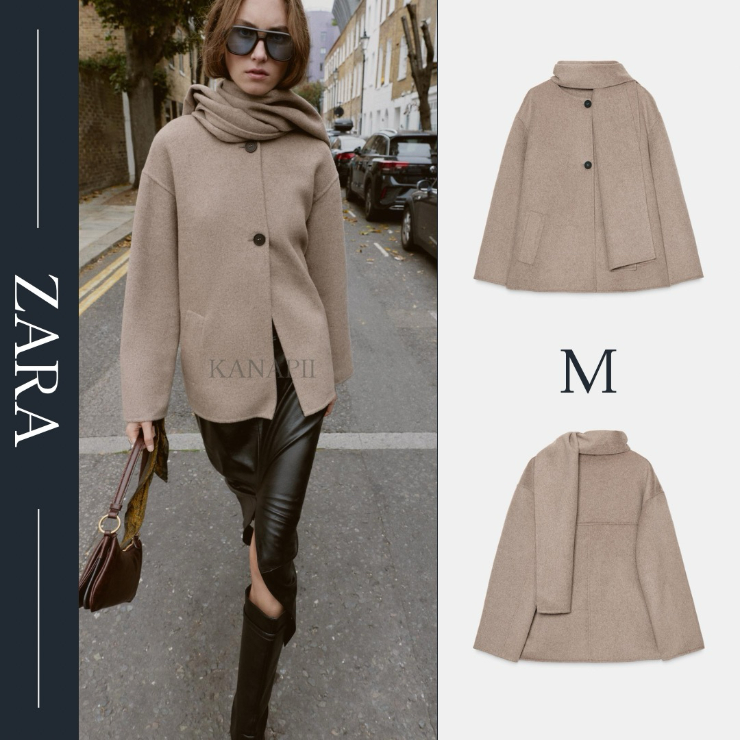 ZARA(ザラ)のウール ショートスカーフコート M ミンク 新品 レディースのジャケット/アウター(その他)の商品写真