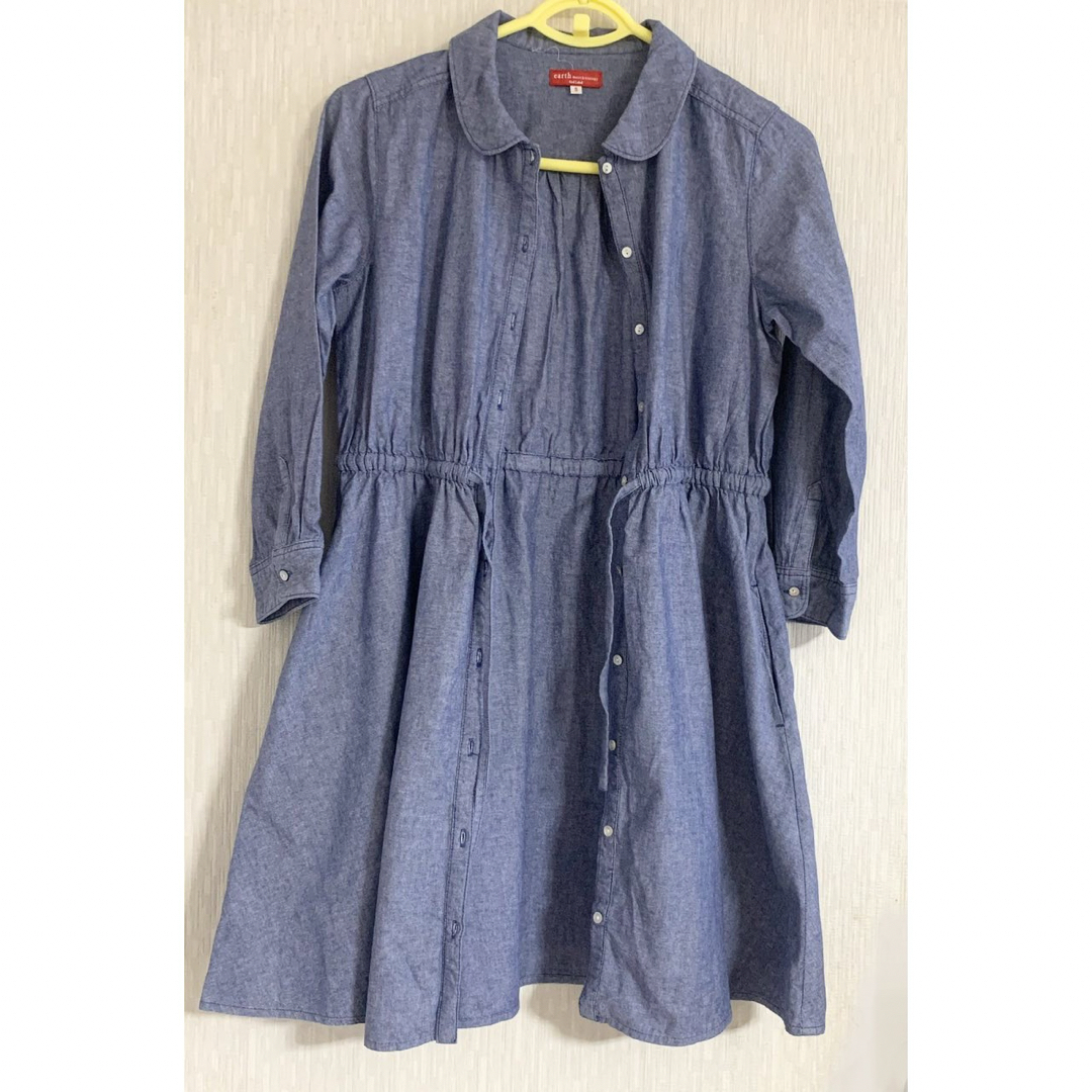 美品 水色コットンデニム7分袖シャツワンピース 無地サックスブルー 青 冷房よけ レディースのワンピース(ひざ丈ワンピース)の商品写真