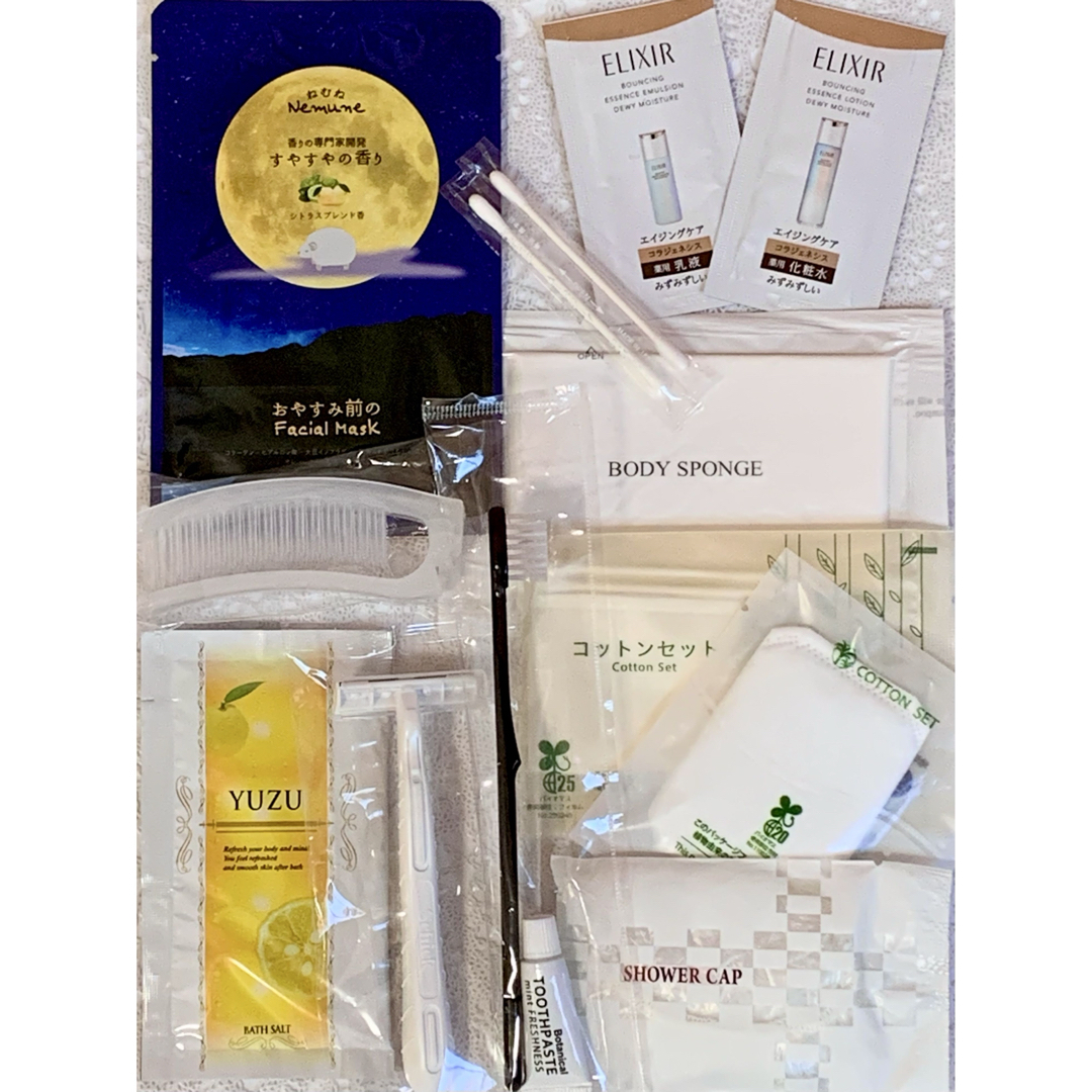 ELIXIR(エリクシール)の【旅行セット】化粧水・乳液・マスク・入浴剤・歯ブラシ・カミソリ・スポンジ等セット コスメ/美容のキット/セット(サンプル/トライアルキット)の商品写真