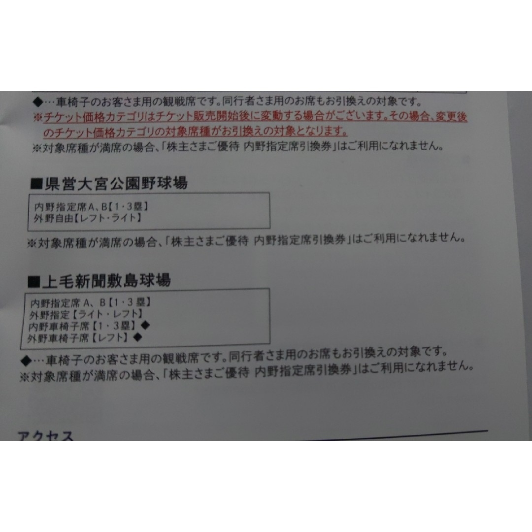 埼玉西武ライオンズ(サイタマセイブライオンズ)の埼玉西武ライオンズ内野指定席引換券４枚(ベルーナドーム) チケットの優待券/割引券(その他)の商品写真