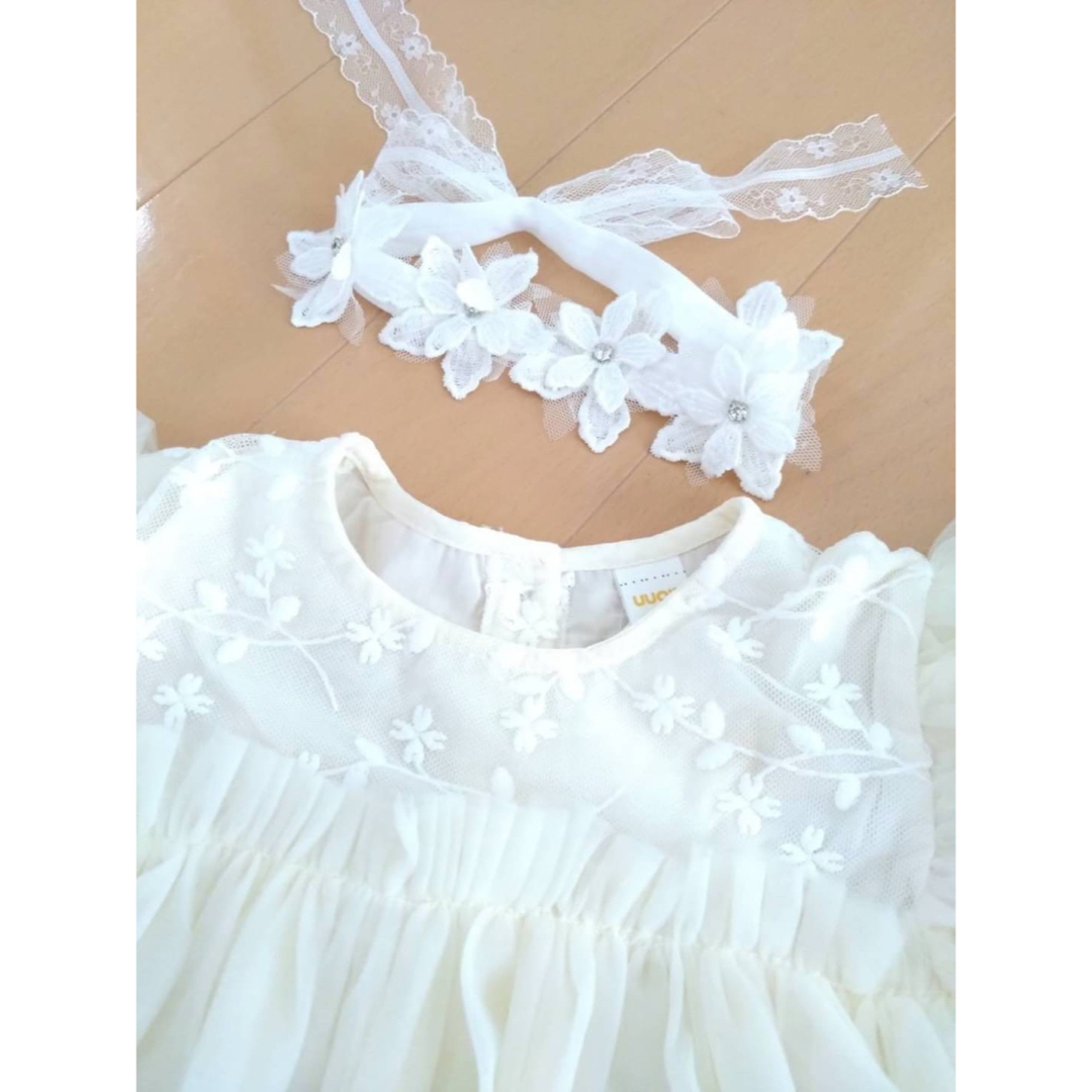 ベビードレス チュール 刺繍 誕生日 80cm 1歳 アイボリー SNS 人気 キッズ/ベビー/マタニティのベビー服(~85cm)(セレモニードレス/スーツ)の商品写真