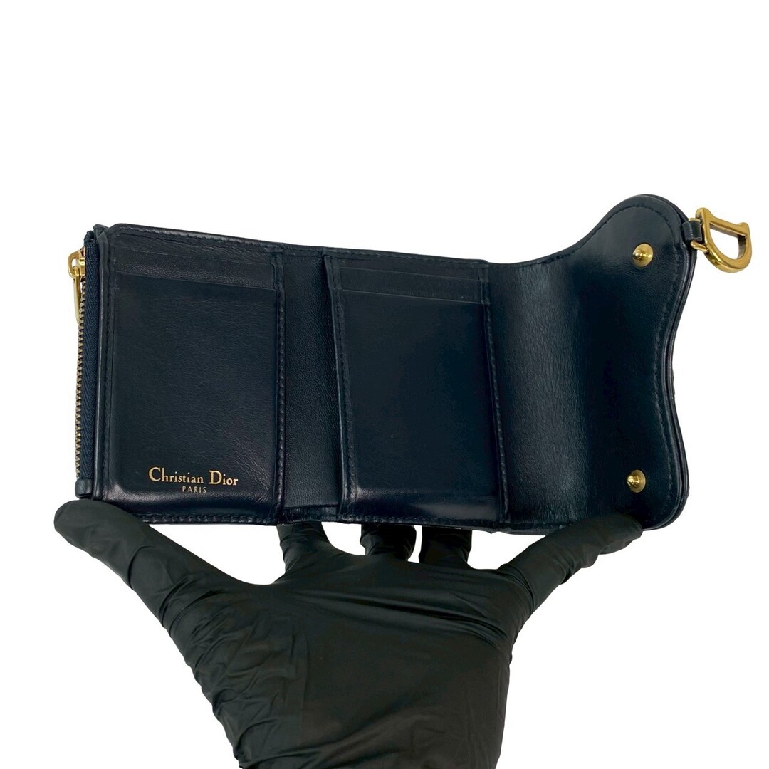 Dior(ディオール)の極 美品 Christian Dior ディオール オブリーク 柄 ロゴ 金具 キャンバス レザー 本革 三つ折り財布 ミニ ウォレット ネイビー 18273 レディースのファッション小物(財布)の商品写真