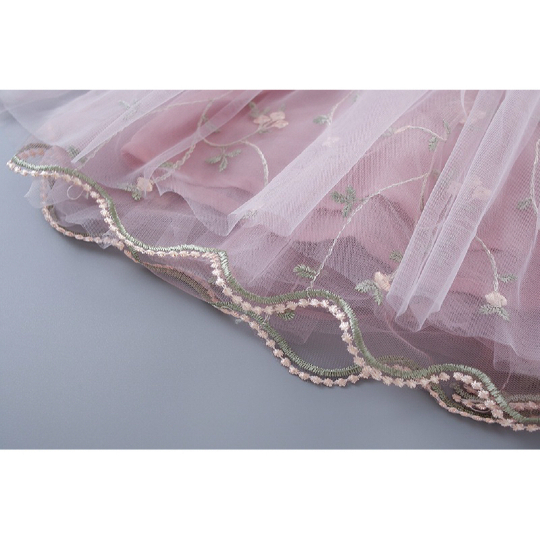 花柄 刺繍 シースルー ワンピース ドレス 長袖 フォーマル 誕生日 白 130 キッズ/ベビー/マタニティのキッズ服女の子用(90cm~)(ワンピース)の商品写真