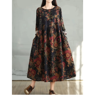 綿麻ワンピース 花柄秋冬 長袖 レディース ロングドレス リネン コットンマキシ