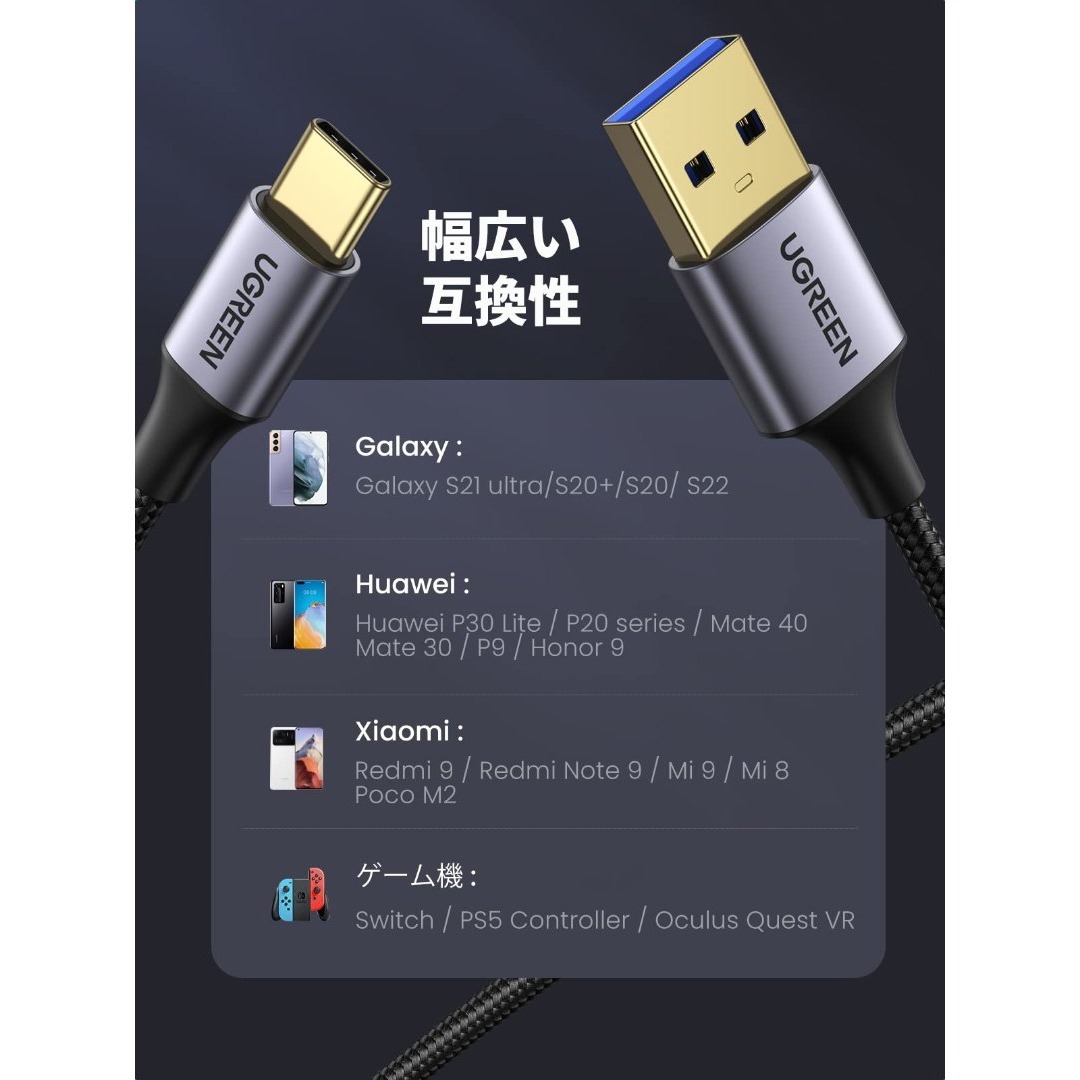 UGREEN USB 3.0 typec ケーブル Quick Charge 3 スマホ/家電/カメラのPC/タブレット(PC周辺機器)の商品写真