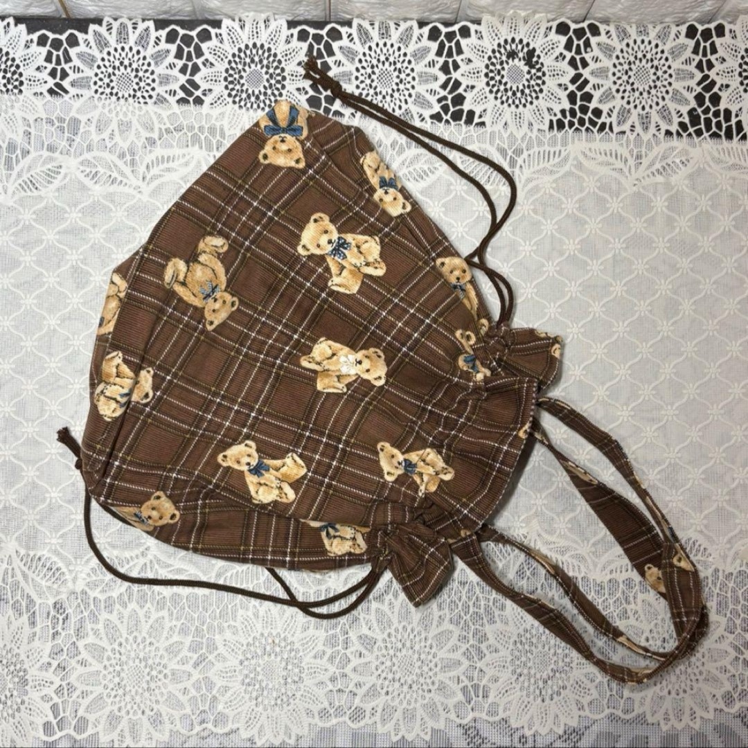 巾着トートバッグミニ　ベアチェック柄　コーデュロイ　ブラウン　ハンドメイド ハンドメイドのファッション小物(バッグ)の商品写真