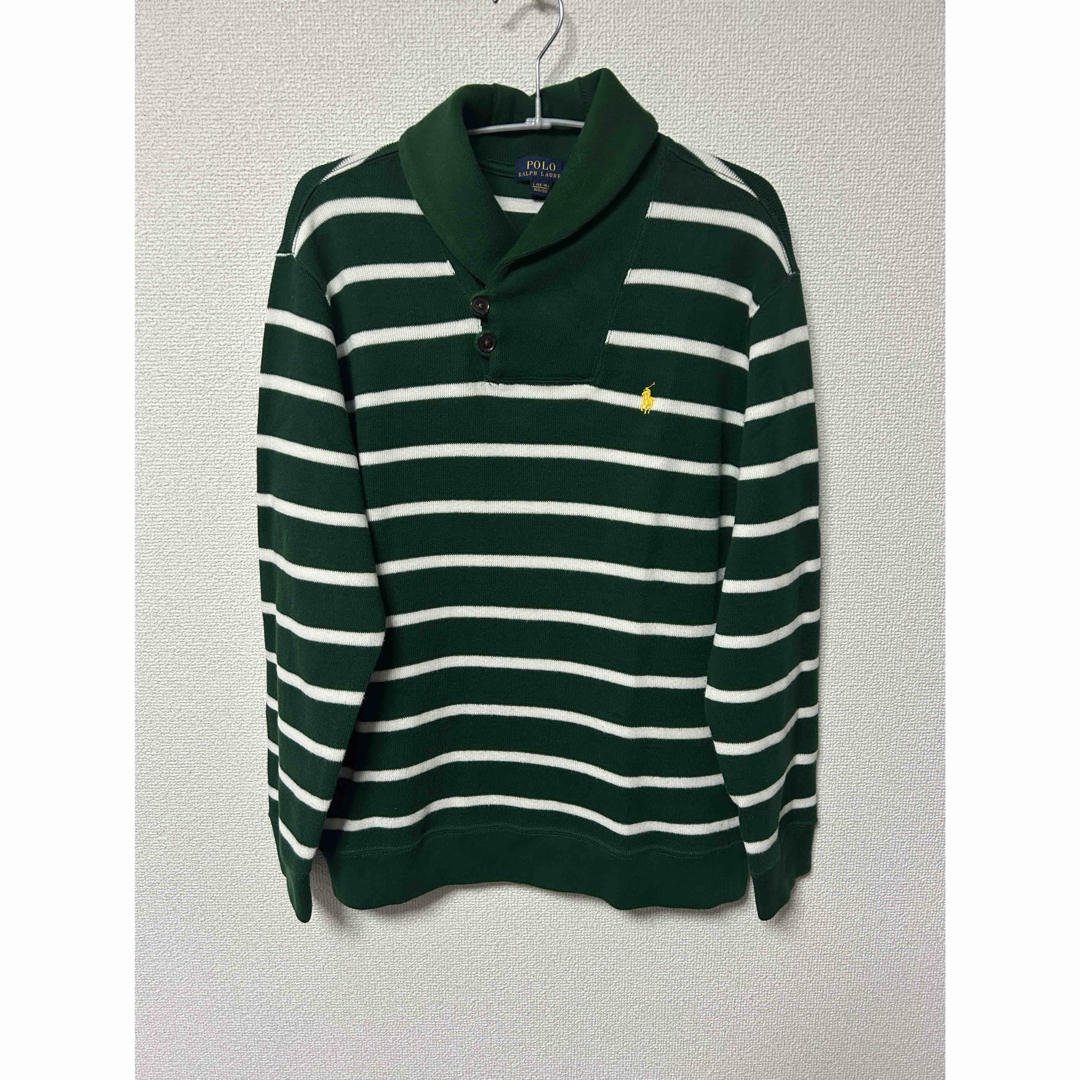 POLO RALPH LAUREN(ポロラルフローレン)の美品　ポロラルフローレン　襟付きニット　ボーダー　緑グリーン　L14-16 防寒 レディースのトップス(ニット/セーター)の商品写真