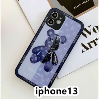 iphone13ケース　熊　ガラス 耐衝撃ブルー492