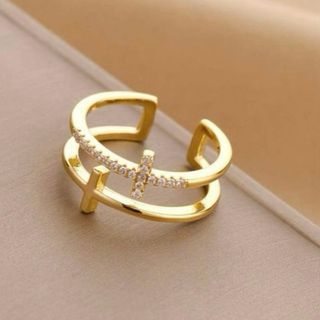 新品未使用 ジルコニア 十字架 Tシルバーリング フリーサイズ ゴールドカラー